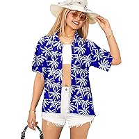 LA LEELA Button Down Shirt for Women Casual Summer Beach Party Blouse Shirt Collared Blouses Short Sleeve Tropical Vacation Tee Hawaiian Shirts Tops for Women S Allover Palm, Blue