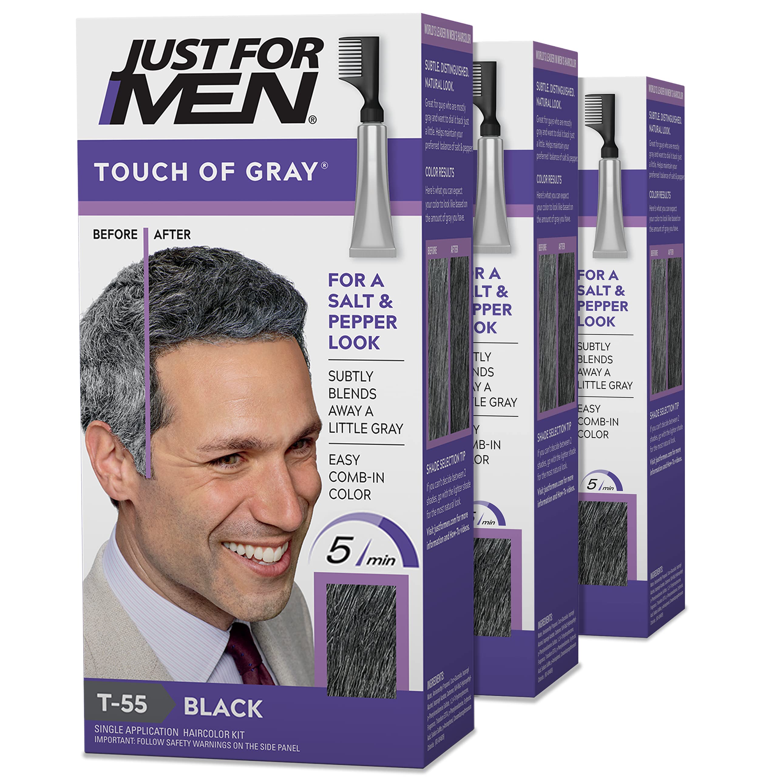 Just For Men Touch of Gray, Mens Hair Color Kit with Comb Applicator for Easy Application, Great for a Salt and Pepper Look - Black, T-55, Pack of 3