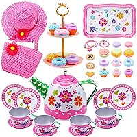 34PCS Kids Tea Party Set for Little Girls, Tin Tea Set Pretend Play with Girl Purse & Tea Party Hat Jewelry Set, Teapot Tea Cups Play Dishes, Birthday Gift Toys for Toddler Girl Kid Age 3+