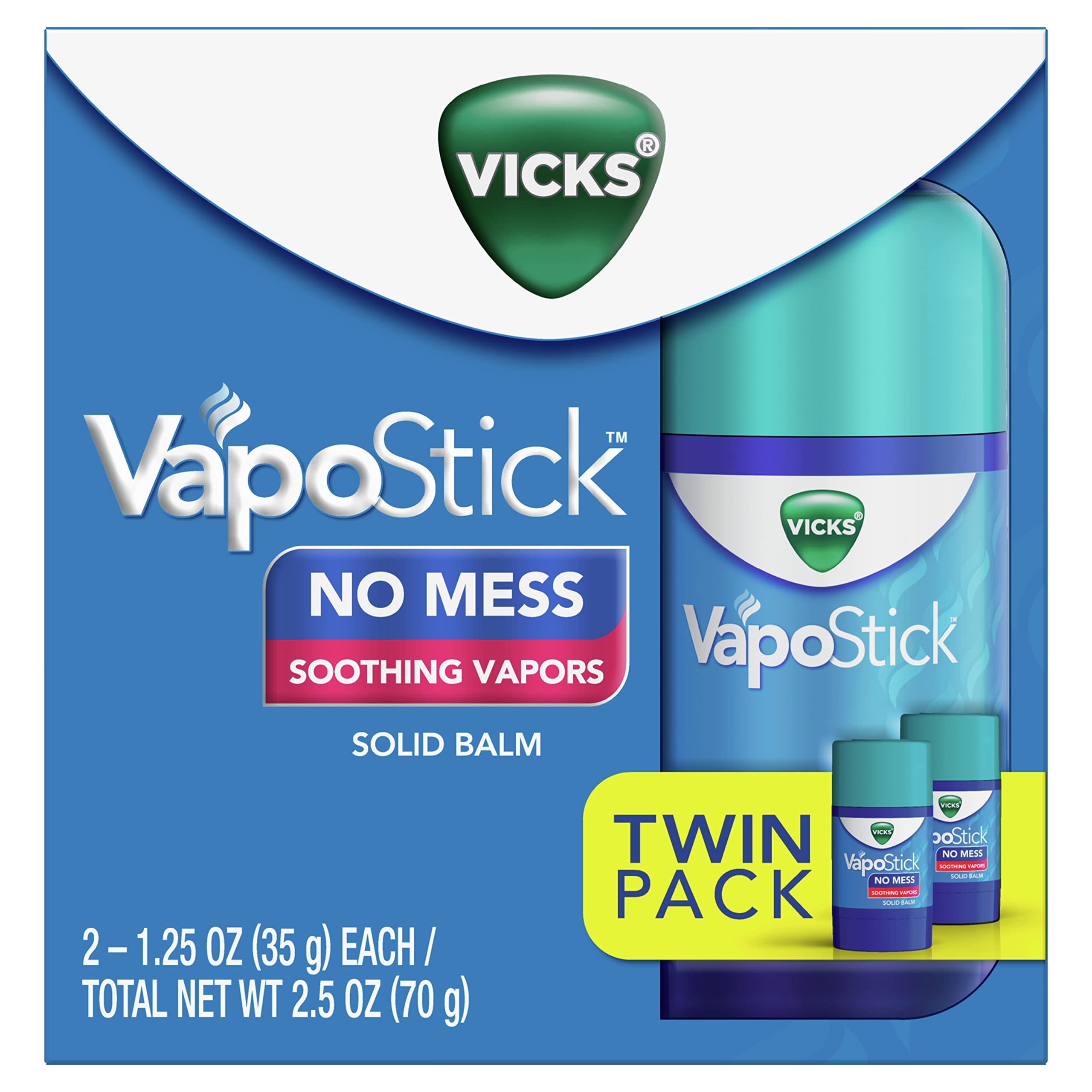 Vicks VapoStick,Solid Balm,No Mess,Comforting Non-Medicated Vicks Vapors,Easy-To-Use No-Touch Applicator,Quick Dry,Lightweight Skin Feel,From The Makers of Vicks VapoRub,1.25oz x 2 (Twin Pack)