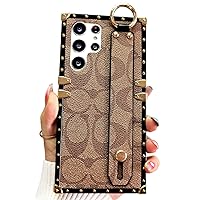 Cute Phone Case for Samsung Galaxy S23 Ultra Case with Luxury Square Leather and Wristband Strap Anti Drop Protective Designer Compatible with Samsung S23 Ultra- 6.8 inch (Brown)
