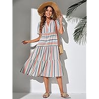 Dresses for Women Women's Dress Striped Notched Neck Smock Dress Dresses (Color : Multicolor, Size : Small)