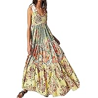 Women Summer Floral Spaghetti Strap Dress Flowy Smocked Tie Up Shoulder Boho Maxi Flowy Swing Dress Y2K Beach Sundress