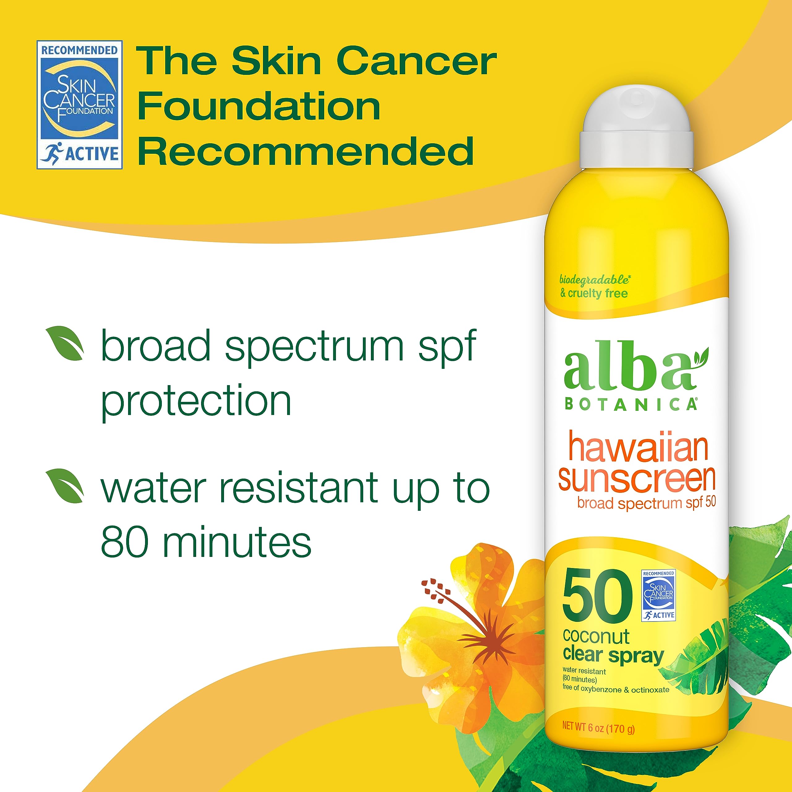 Alba Botanica Sunscreen for Face and Body, Hawaiian Coconut Sunscreen Spray, Broad Spectrum SPF 50 Sunscreen, Water Resistant and Biodegradable, 6 fl. oz. Bottle