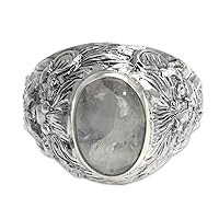 NOVICA Artisan Handmade Men's Rainbow Moonstone Ring Sterling Silver Clear Domed Single Indonesia Animal Themed Wild Cat [crownbezel 0.3 in H x 0.8 in W x 0.4 in D Band Width 3 mm W] 'Lion'S