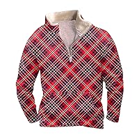 Mens Winter Spring Plaid Fleece Jackets Shirts Oversized Quarter Zipper Slim Fit Fur Collar Pullover Tops with Pocket