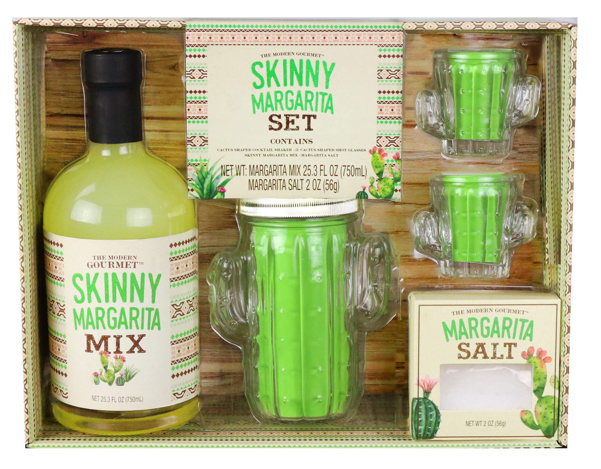 Thoughtfully Gifts, Skinny Margarita Set, Includes 25.3 Fluid Ounces of Margarita Mix, 2 Ounces Margarita Salt, Cactus Cocktail Shaker, and 2 Cactu...