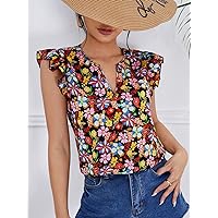 Womens Summer Tops Allover Floral Print Flutter Sleeve Popover Blouse (Color : Multicolor, Size : X-Small)