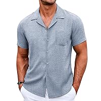 COOFANDY Men's Casual Button Down Shirts Short Sleeve Linen Beach Shirt Cuban Vacation Textured Shirts with Pocket