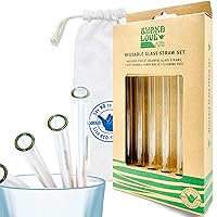 Clear Reusable Glass Drinking Straw Set- Stylish, Durable, Shatter-Resistant - Set of 5 Beautiful Clear Glass Drinking Straws with Cleaning Tool & Travel Carry Bag (Crystal Clear, 9)