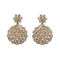 4.00 CTW Uncut Polki Diamond Round Disk Floral Shape Earrings - 925 Sterling Silver - 14K Gold Plated, Valentine Day Gift Jewelry