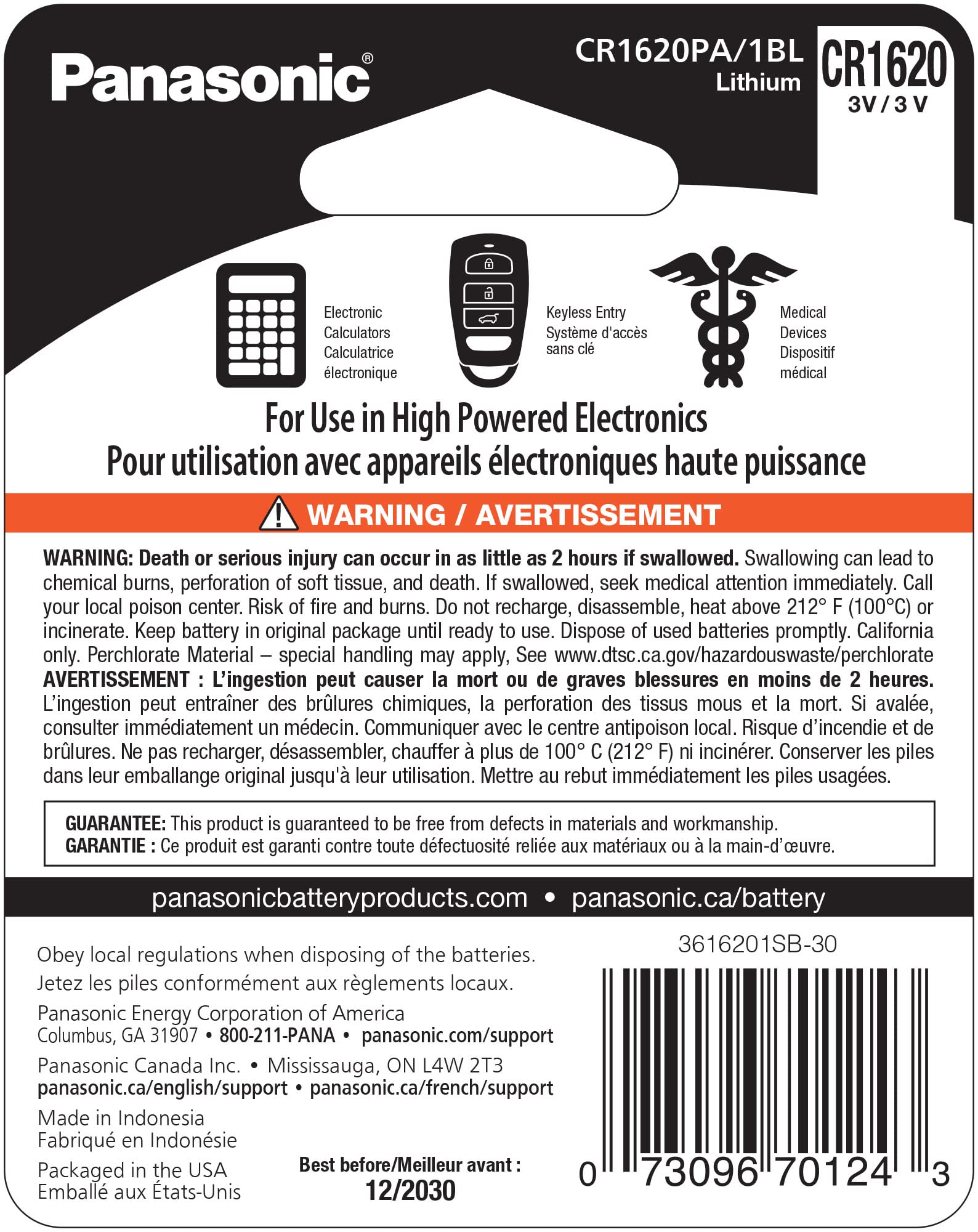 Panasonic CR1620 3.0 Volt Long Lasting Lithium Coin Cell Batteries in Child Resistant, Standards Based Packaging, 1-Battery Pack