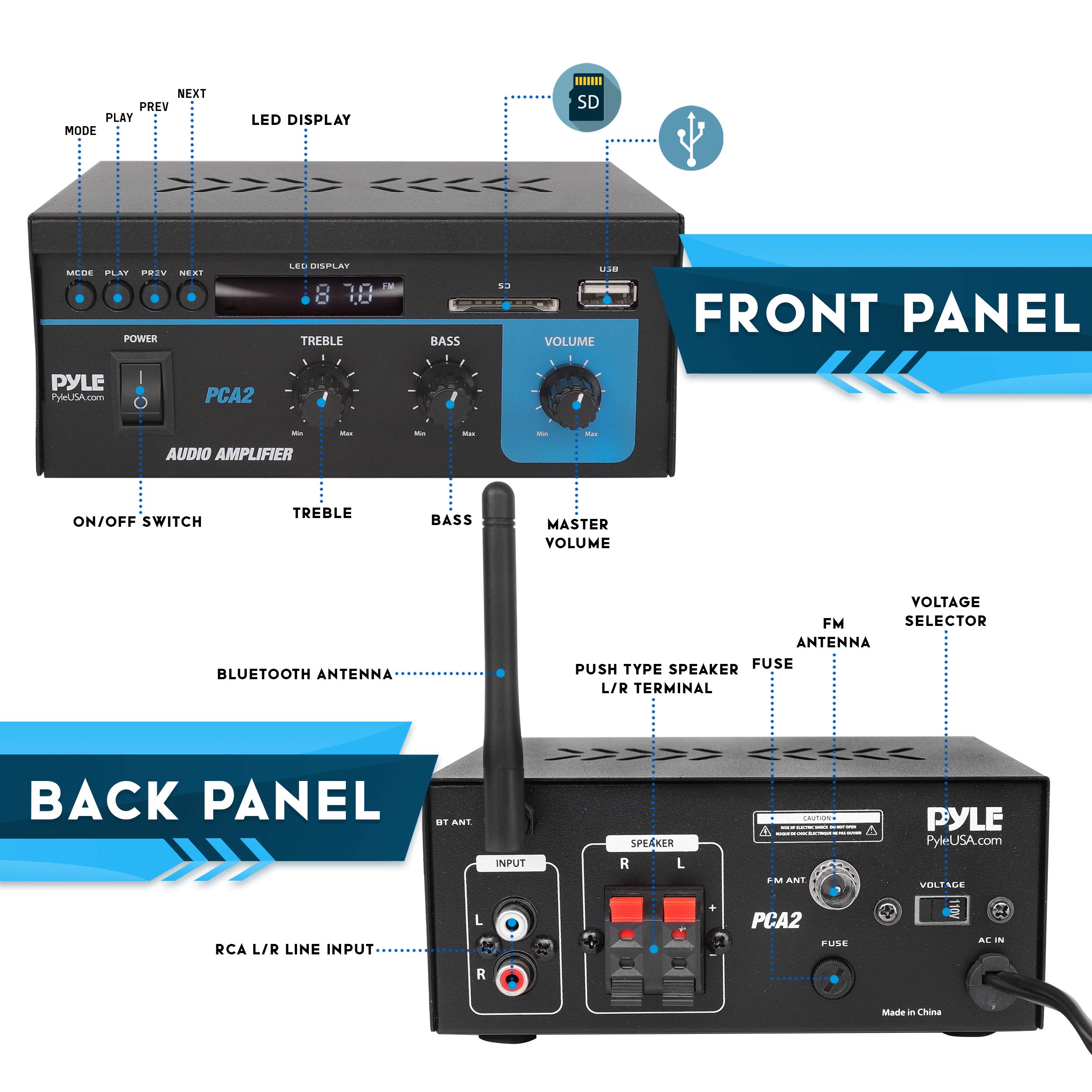 Pyle Home Home Audio Power Amplifier System 2X40W Mini Dual Channel Sound Stereo Receiver Box w/ LED For Amplified Speakers, CD Player, Theater via 3.5mm RCA for Studio, Home Use Pyle PCA2 Black