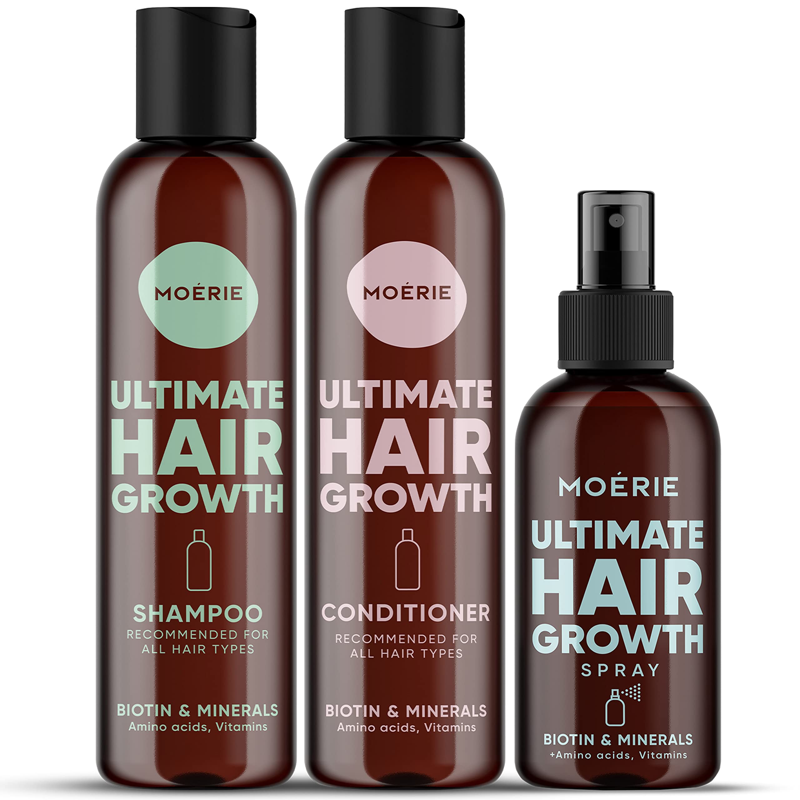 Moerie Mineral Shampoo and Conditioner Plus Hair Growth Spray Set – Ultimate Hair Care Pack – For Longer, Thicker, Fuller Hair - Volumizing Hair Care Products – Paraben & Silicone Free - 3 Products