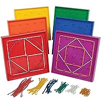 Double-Sided Geoboard Set - Set of 6 with Rubber Bands - Ages 3+ - Math Manipulatives, Geometry, Fine Motor Skills, Creativity for Kids - 5 x 5 Grid/12 Pin Circular Array