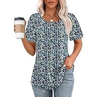 Womens T Shirts Short Sleeve Pleated Dressy Casual Scooped Neck Summer Tops Blouses Women Trendy Textured Solid Color Shirts