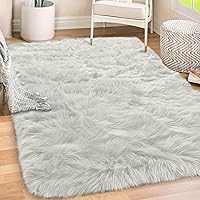 Fluffy Faux Fur Rug, 6x9, Machine Washable Soft Furry Area Rugs, Rubber Backing, Plush Floor Carpets for Baby Nursery, Bedroom, Living Room Shag Carpet, Luxury Home Decor, Ivory
