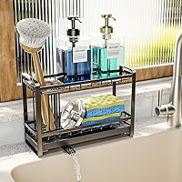 HapiRm Sink Caddy Sponge Holder - 2 Tier Kitchen Sink Organizer with Brush Holder, Self-draining Stainless Steel Sponge Holder for Kitchen Sink with Drain Tray-Black