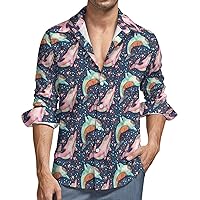 Watercolor Cute Dolphin Men's Shirt Loose Fit Long Sleeve Shirt Beach Button-Up Casual Shirts Wedding Shirt