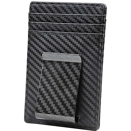 Travelambo Money Clip for Men Carbon Fiber Clip Wallet Leather Slim Minimalist Card Holder RFID Blocking (Weaved Black)