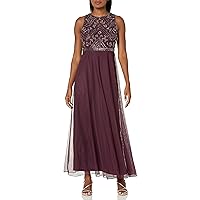 J Kara Women's Sleeveless Illusion Neck Floral Beaded Long Fit and Flare Dress