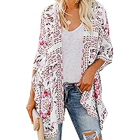 Women's Cardigan Print Kimono Blouse Open Front Floral Puff Sleeve Cardigan Loose Cover Up Casual Blouse Tops