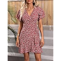 2023 Women's Dresses Ditsy Floral Print Layered Sleeve Ruffle Trim Wrap Knot Side Dress Women's Dresses (Color : Burgundy, Size : Small)