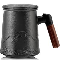 suyika Tea Cup with Infuser and Lid, Raw Wood Handle Ceramic Loose Leaf Tea Mug,Embossed Tea Steeping Mug for Gifts, Gradient Black 450ml/15.2oz