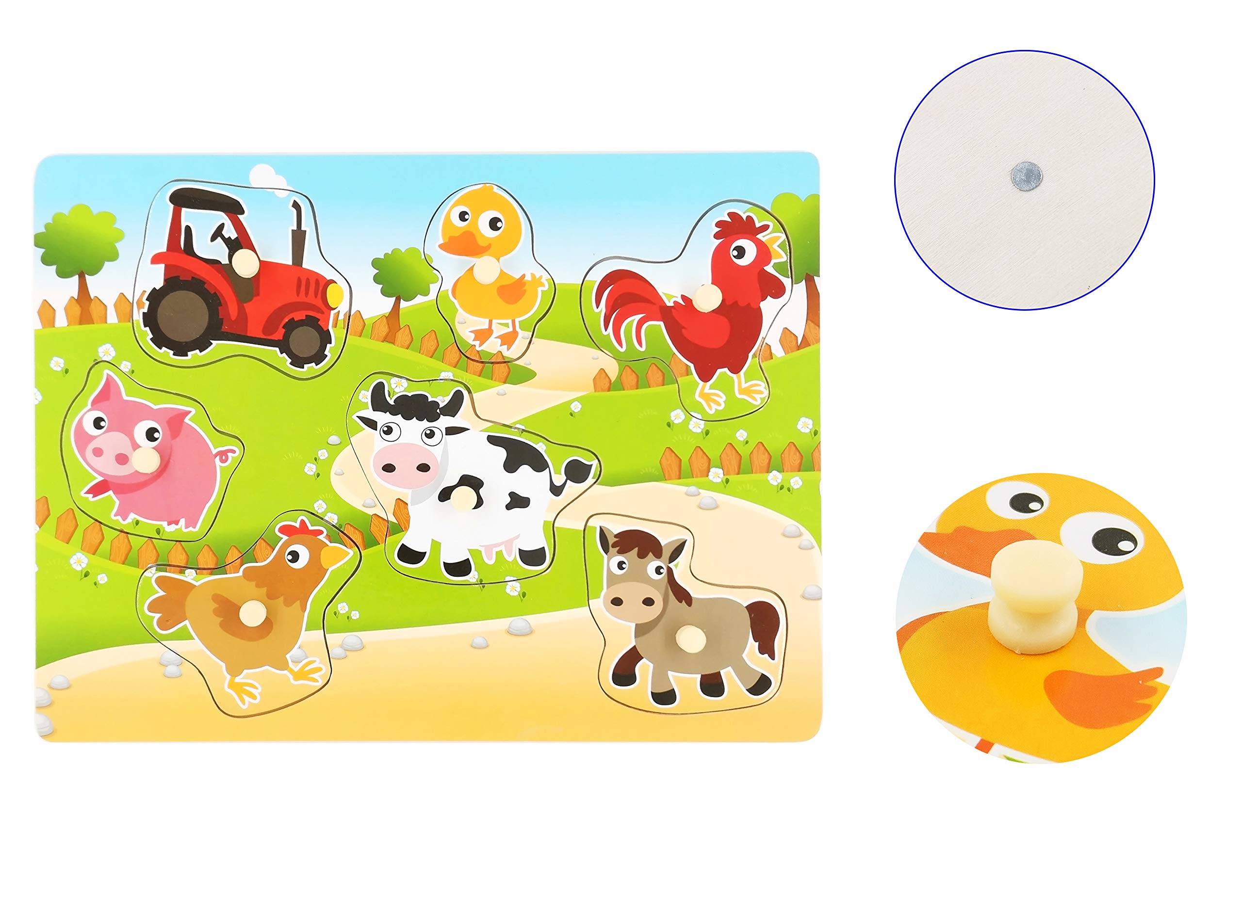Wooden Puzzles Farm Chunky Baby Puzzles Peg Board, Full-Color Pictures for Preschool Educational Jigsaw Puzzles, 7Pieces