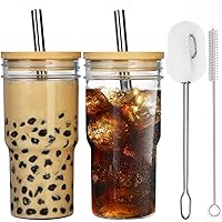 ALINK 2-Pack Glass Cups with Bamboo Lids and Straws, 22oz Mason Jar Glass Tumbler, Reusable Boba Cups, Iced Coffee Drinking Glasses for Bubble Tea, Smoothies, Juice - 2 Cleaning Brush
