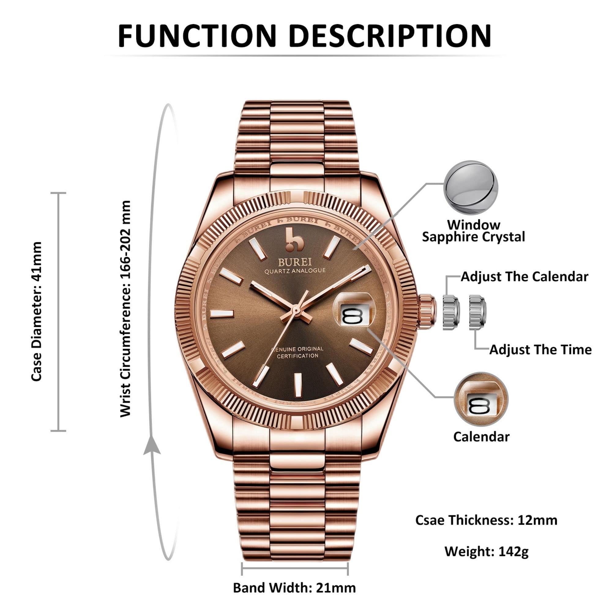 BUREI Herren Uhren Quarz Armbanduhr Datumsanzeige Saphirglas Objektiv mit Zwei Tönen Edelstahlband Uhren für Männer