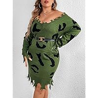 Women's Sweater Dress 2022 Women's Plus Graphic Pattern Drop Shoulder Distressed Sweater Dress Sweater Dress (Color : Army Green, Size : XX-Large)