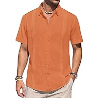 Mens Linen Shirts Short Sleeve Button Up Casual Lightweight Solid Shirt Stylish Cuban Guayabera Beach Tops