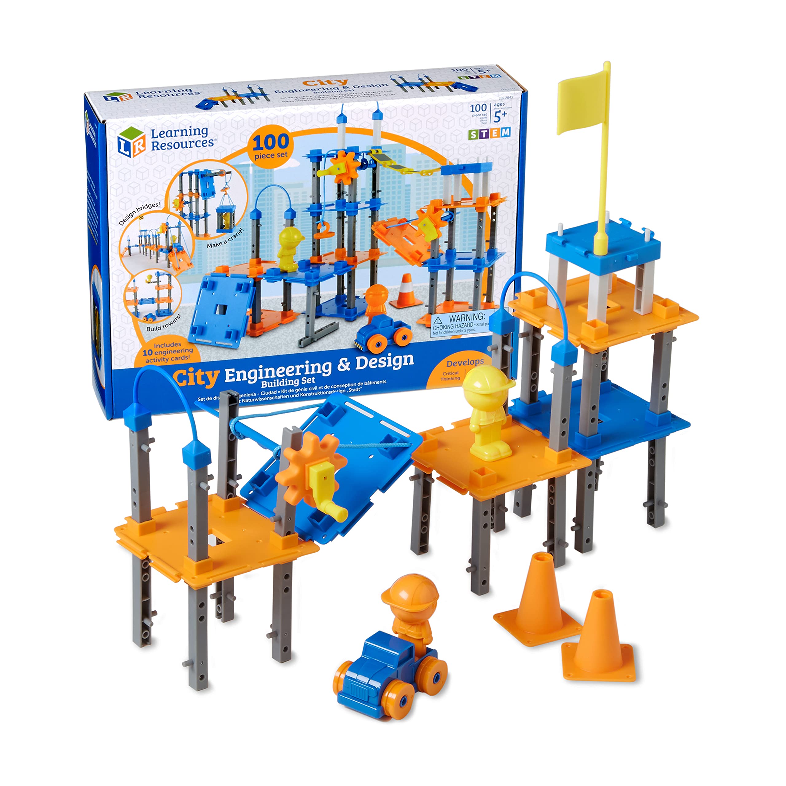 Learning Resources City Engineering and Design Building Set, Ages 5+,100 Pieces, Engineer STEM Toy, Construction Toys, Simple Machines Kids, Back to School Gifts