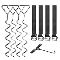Simple Deluxe Trampoline Stakes Heavy Duty Trampoline Anchor Kit with T Hook Corkscrew Shape Steel Stakes Trampoline Parts Tie Down Kit Ground Wind Stake with Belt Straps (Set of 4)