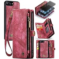 Wallet Case Cover for iPhone 6 Plus/6s Plus/7 Plus/8 Plus,2 in 1 Detachable Premium Leather PU with 8 Card Holder Slots Magnetic Zipper Pouch Flip Lanyard Strap Wristlet for Women Men Girls,Red