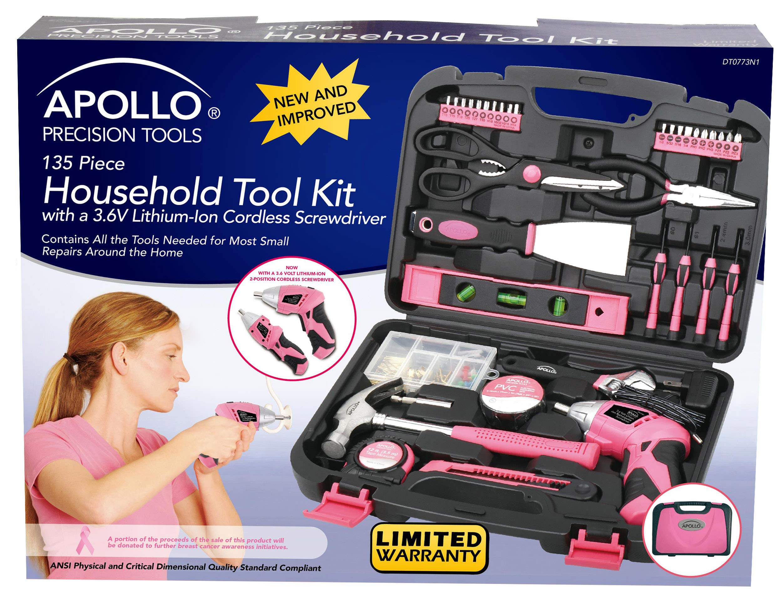 135 Piece Household Tool Kit Pink with Pivoting Dual-Angle 3.6 V Lithium-Ion Cordless Screwdriver - DT0773N1