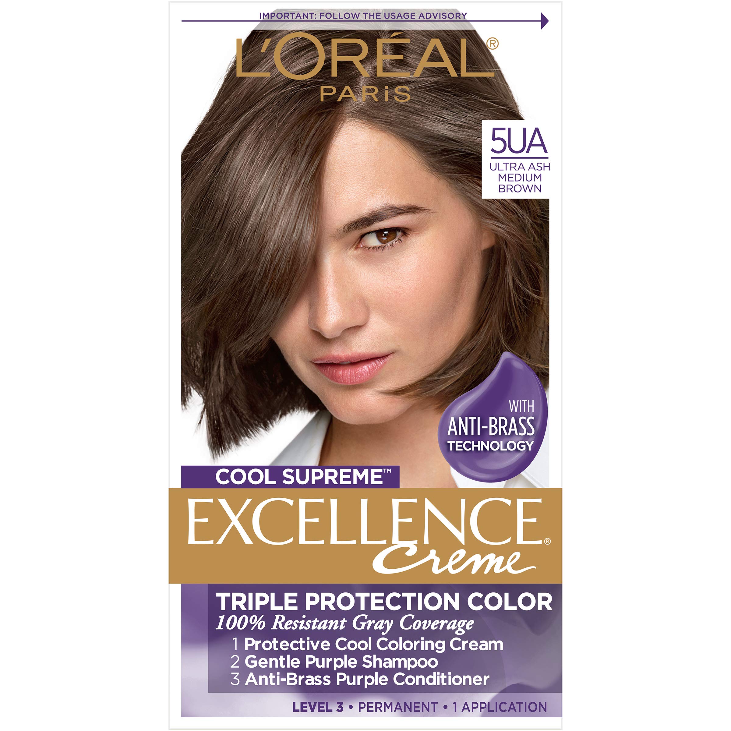 L’Oréal Paris Excellence Cool Supreme Permanent Hair Color, Ash, 100 Percent Gray Coverage Hair Dye, Anti-Brass regimen includes gentle shampoo, and an anti-brass conditioner