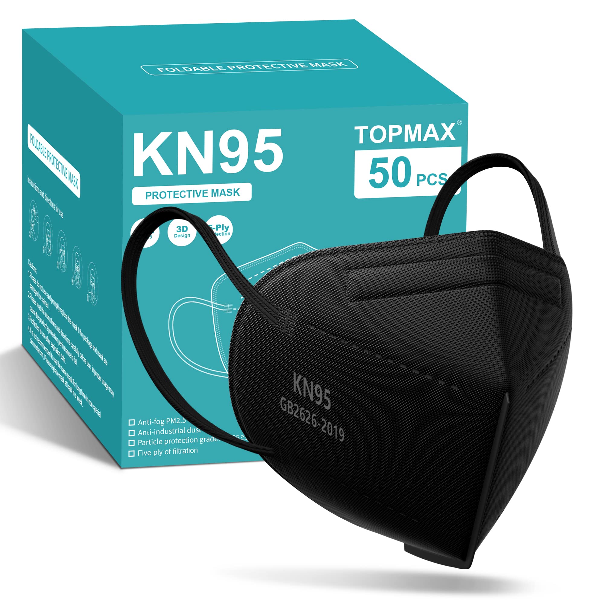 TOPMAX KN95 Face Masks 50 Pack, Filter Efficiency≥95% Disposable Masks, Breathable Face Masks, Black