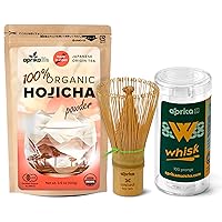 AprikaLife Hojicha Green Tea + Matcha/Hojicha Whisk Bundle - Organic Japanese Roasted Green Tea Powder 100g/3.5oz and Handmade Chasen (100 prongs)