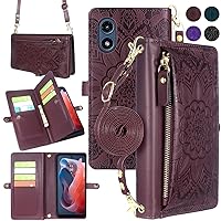 Harryshell Crossbody for Motorola Moto G Play 4G 2024 Wallet Case [10 Card Slots] with [Theft-Scan Blocking],Cash Coin Zipper Pocket Long Shoulder & Wrist Strap (Floral Wine Red)