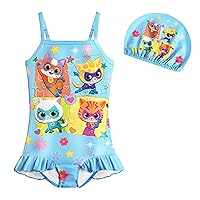 Little Girl Kitties Swimsuit Cartoon Double Shoulder Sling Bathing Suits Swim Cap Outfit 3-7 Years