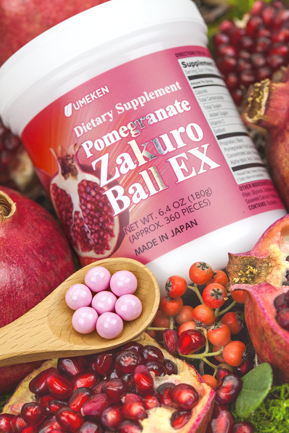 Umeken Pomegranate Extract Zakuro Balls - 360 Pieces (2 Month Supply), Pack of 2 Bottles, Chewable Supplement with Natural Vitamins, Minerals, Citric Acids, and Tannins