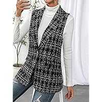 Coat for Women - Plaid Pattern Lapel Neck Tweed Vest Overcoat (Color : Black, Size : Medium)