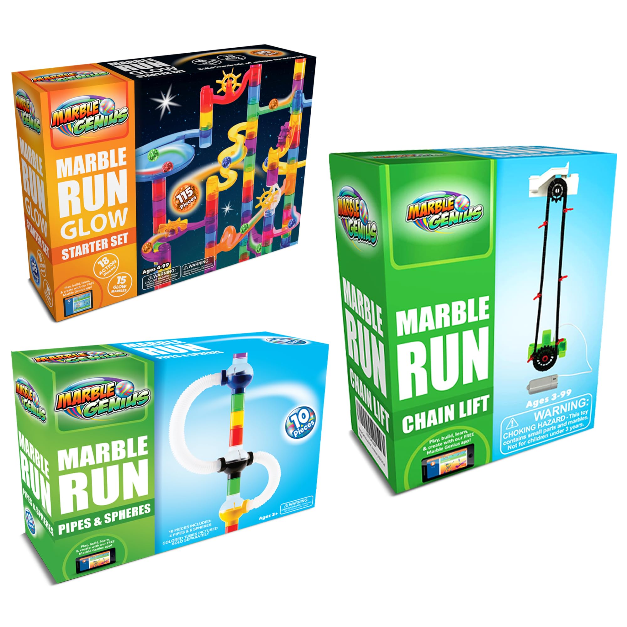Marble Genius Bundle: Marble Glow Run Race Track Set Glow in The Dark, Automatic Chain Lift, Marble Run Pipes & Spheres Accessory, Experience The Thrills of Marble Racing