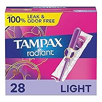 Radiant Tampons Light Absorbency with BPA-Free Plastic Applicator and LeakGuard Braid, Unscented, 28 Count x 3 Packs (84 Count Total)