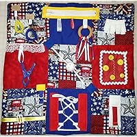Fidget Quilt Handmade in the U.S.A. Memory Loss & Alzheimer's Blanket Dementia Toy. Red, White & Blue fabric with Tan backing. Size 22” x 22”