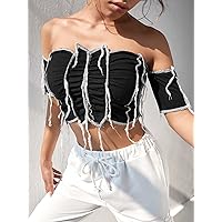Women's Tops Sexy Tops for Women Women's Shirts Contrast Stitch Seam Crop Bardot Top (Color : Black, Size : Large)