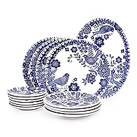 Sonemone Blue Bird 15-Piece Dinnerware Set - Service for 4, Salad Plates, Dinner Plates, Appetizer Plates, Serving Platter, Microwave & Dishwasher Safe