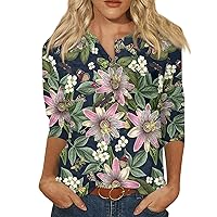 3/4 Length Sleeve Womens Tops 2024 Casual Trendy Print Loose Fit with Henry Collar Oversized Tunic Shirts